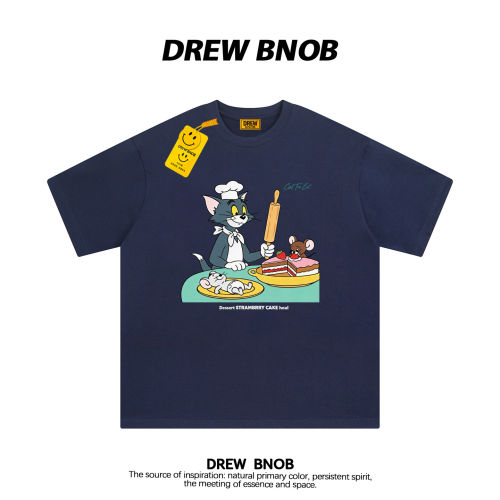 DREWBNOB美式复古猫和老鼠卡通印花短袖t恤男女潮牌宽松情侣半袖