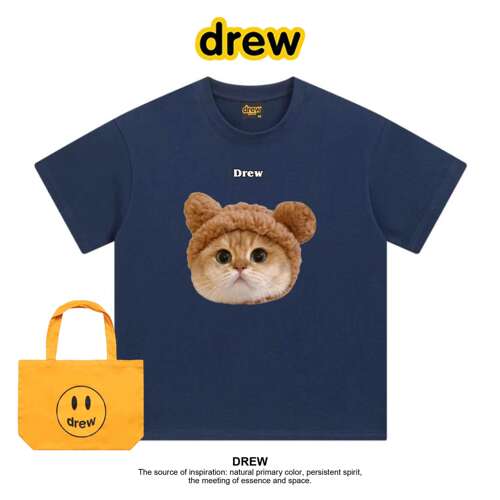 Drew笑脸可爱猫咪T恤百搭宽松情侣装圆领纯棉上衣休闲夏季ins短袖