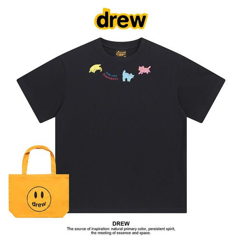 Drew美式潮牌卡通贴纸猫咪印花休闲情侣装百搭宽松短袖T恤上衣ins