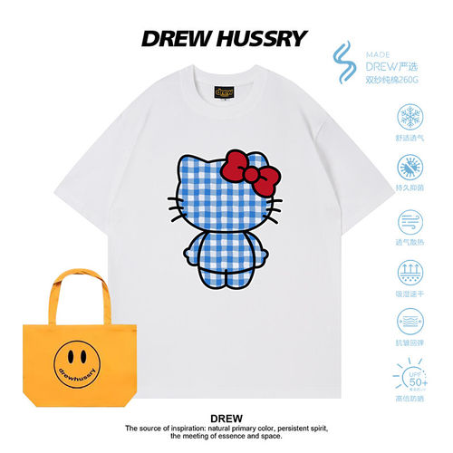 Drew美式卡通HelloKitty格纹纯棉短袖T恤男女宽松ins百搭圆领半袖