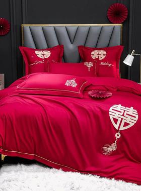 高结婚四件品套大红hcz4hscR全简档约刺绣中式新房婚庆床上用棉喜