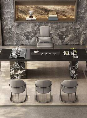 黑色茶桌无品牌/新款高岩板台桌椅组合一桌五端椅茶台一烧茶水壶