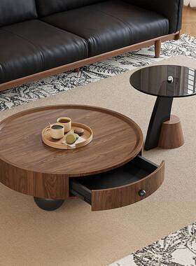 中古风胡桃茶木储RFY饰面几茶台家用客厅高端轻奢大小圆茶物边几