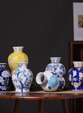 青花培瓷花瓶新中式QLE红色黄色彩装色陶瓷花瓶水插花瓷瓶居家饰