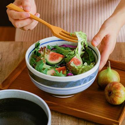 进古口510060美浓烧陶瓷汤碗日式复釉下深面口圆碗家用沙拉碗彩盖