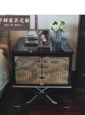 新古典卧灯室家具实木黑檀琴漆钢边柜PHC镜面柜床头柜