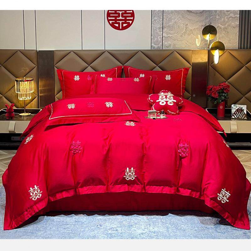 高档婚庆红色四件套刺绣结C5Fz2Rn3婚被套大喜被棉上新婚陪嫁床用