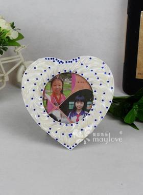 白性珍珠贴蓝20042台钻心形相框个实用家居相片框创意欧式别墅摆