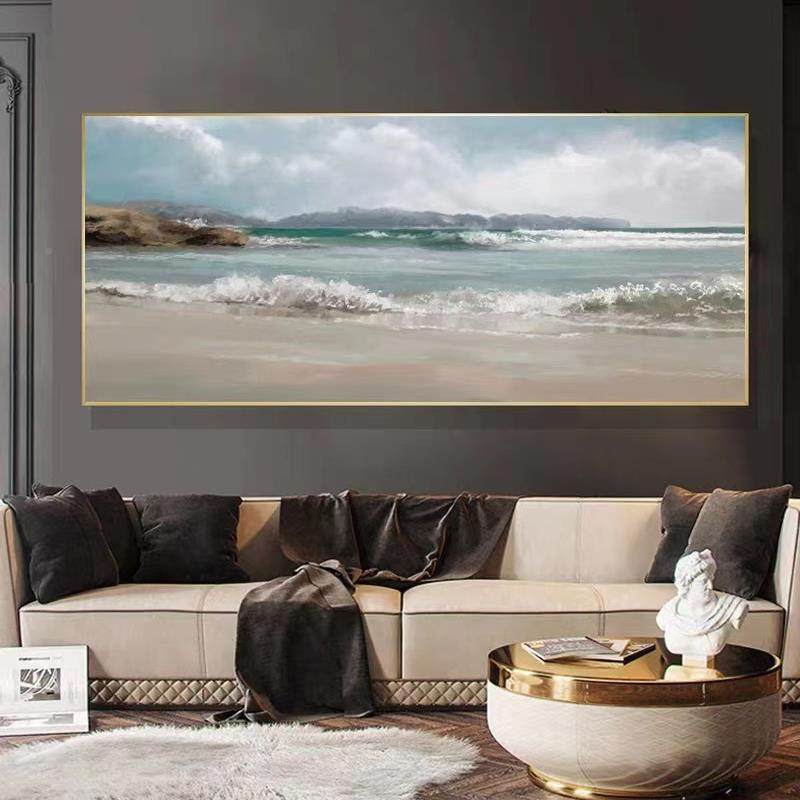 纯浪绘手海景装饰横幅大尺寸客厅沙发背景挂画画抽象轻奢风DZI海