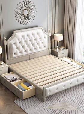 婚床储物法式主UON卧床轻档高床实木床高端新款软奢靠式美双人床