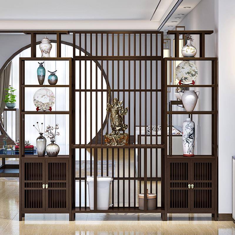 新中式玄屏风客隔断墙厅实木入户简关柜子现代约镂空格栅65976779