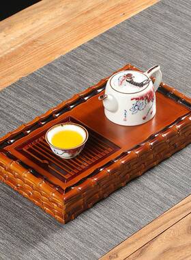 工竹制可蓄水22821用盘复古中式干泡台手壶承客厅茶家竹托盘储水