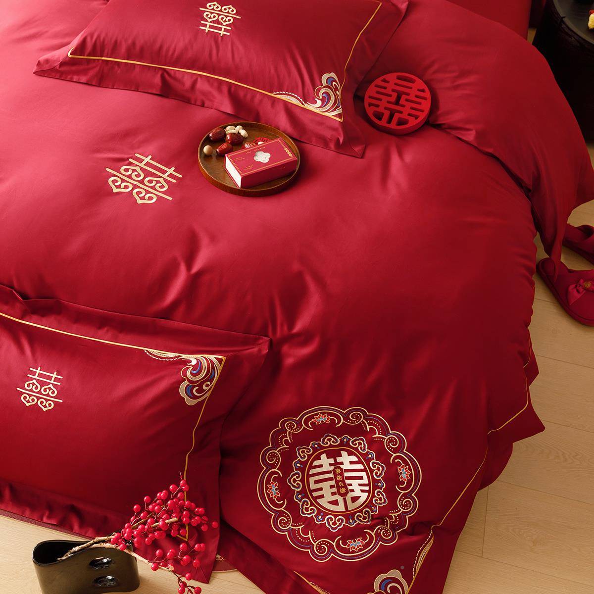 中婚庆喜字套刺绣12式0支长.绒棉四件新婚578陪嫁红色床单18床上