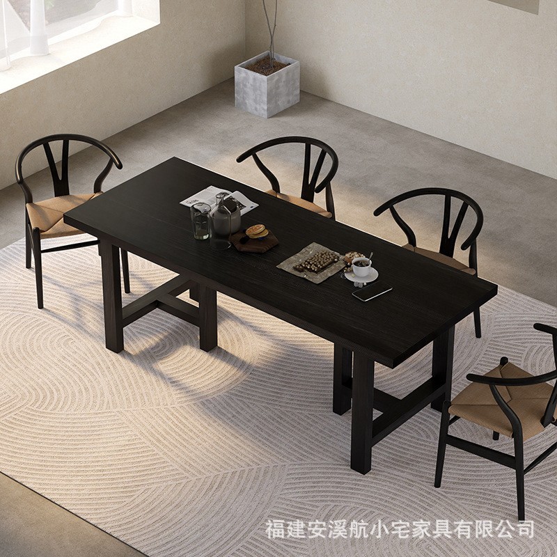 全实木餐桌简约民宿黑色原木大板桌子家用小户型复古长方形中古风