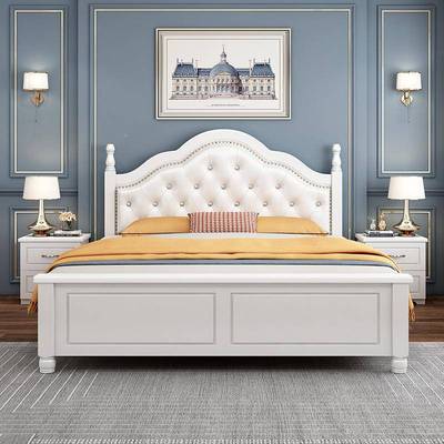 美式实木床现代简约1白.8VEF米双人卧软包床厂直主销1.5米工色公