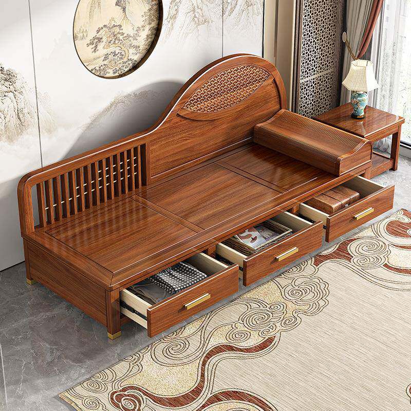 中式桃实胡木贵妃躺木椅冬沙发床实木带抽夏KLB两用贵妃美人榻罗