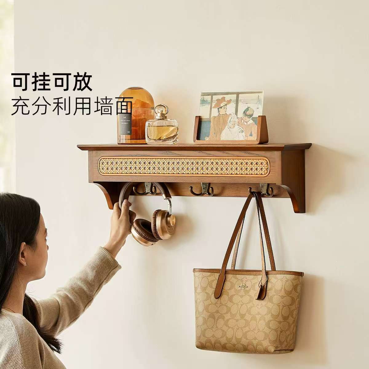 复古壁挂式入户挂钩实木墙面衣架卧室衣服挂架厨房杂物门后挂钩子