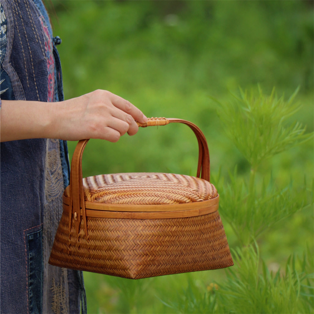 大漆竹编茶具收纳提篮 水果篮竹编篮子 竹制品竹工艺品竹篮子收纳