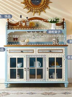 0地海风格餐酒柜三门彩绘蓝色大容量餐中A边柜田园风一体靠BEZ赵