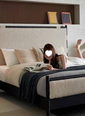 中古酥背风19717实木布艺床法式主卧1.8m蜡白木双人床高脚高屏靠