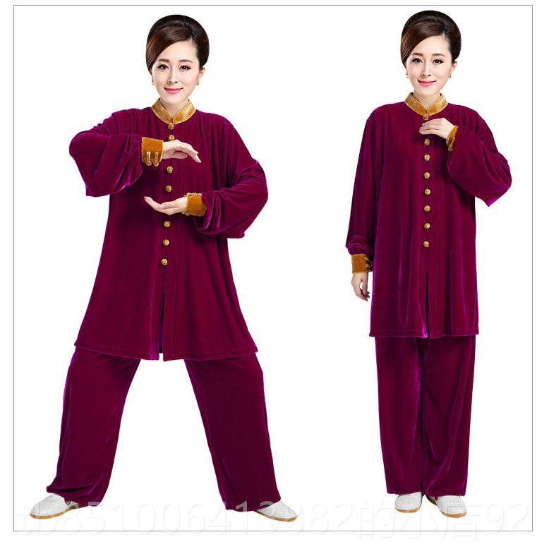 正品新款中长款极女秋冬季金丝绒服加厚服太极练太功男武术表演太