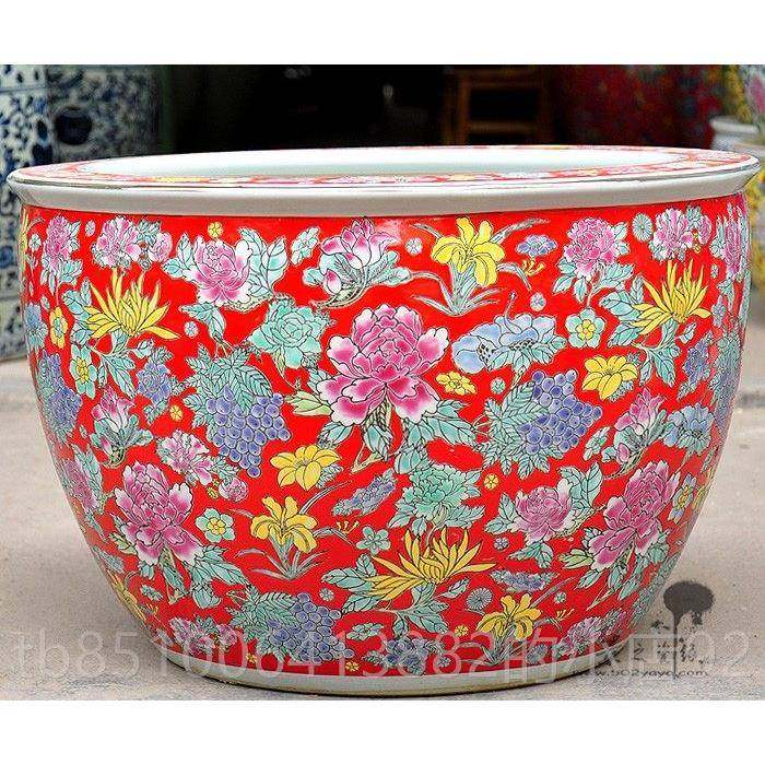 正品镇德陶瓷鱼缸手绘粉彩金鱼景缸乌龟风水睡莲缸瓷器中国荷风花