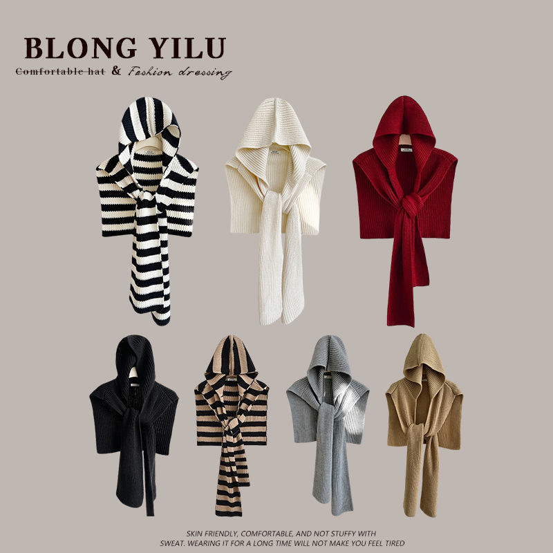 设计感条纹针织连帽围脖女