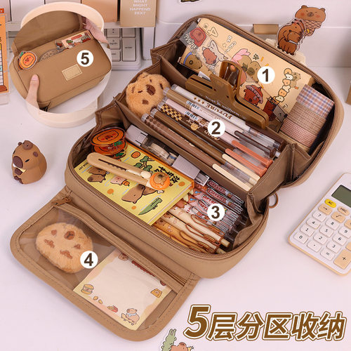 卡皮巴拉火山翻盖透明多层笔袋小学生耐脏文具盒高颜值儿童铅笔盒
