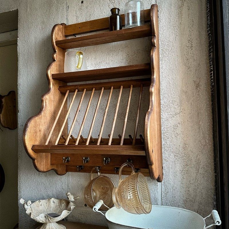 中古风实木收纳架餐厅材料杂物杯子碗筷置物架墙上壁挂实木吊柜,住宅家具,搁板/置物架/家用陈列架,淘宝优惠券,粉丝福利购,淘宝优惠卷