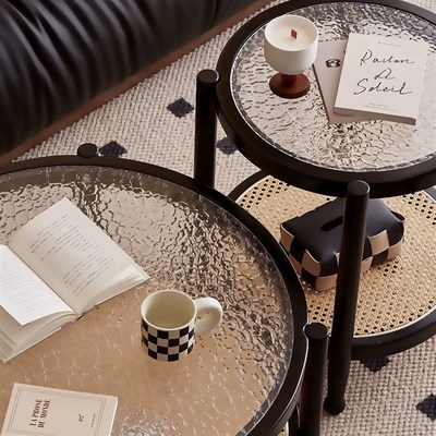 实木原木奶油风茶几家用小户型简约现代客厅藤编圆形玻璃茶边几