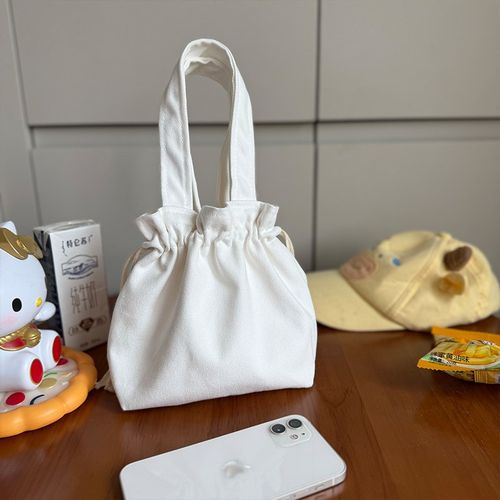 抽绳束口帆布包白色手提饭盒袋日式文艺手拎小布袋简约便携妈咪包