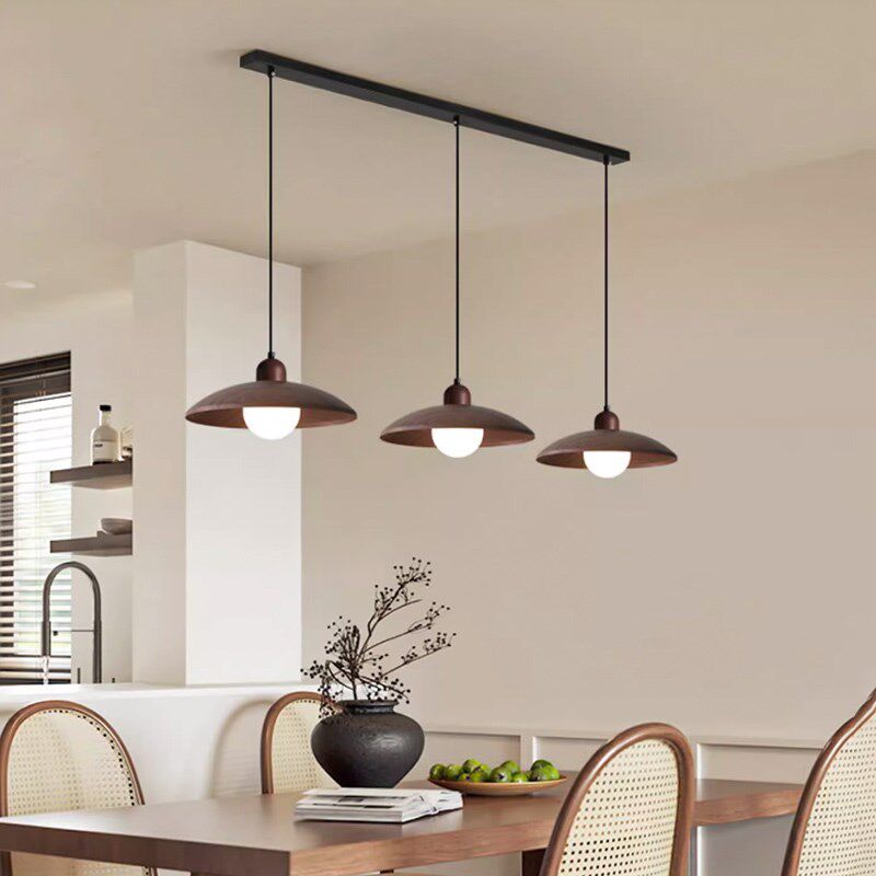 中古侘寂风餐厅吊灯胡桃木色简约个性艺术飞盘3头餐桌吧台小吊灯