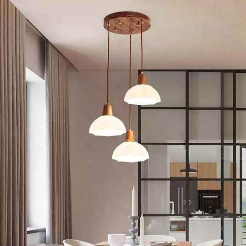 黑胡桃木餐厅灯吊灯三头玻璃北欧led餐桌饭厅灯 现代中式吧台灯具