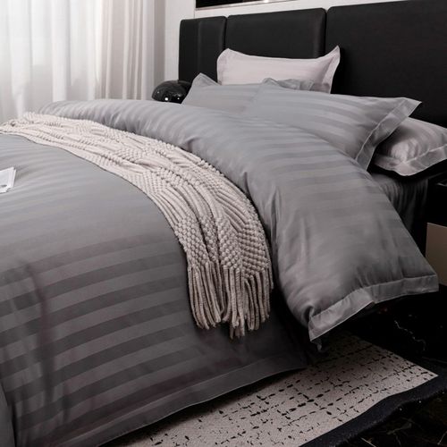 民宿床上用品四件套宾馆酒店床品布草深灰白色贡缎条加厚加密专用