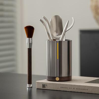 中式檀茶夹具配件不锈钢功夫茶具茶茶刀茶木勺养壶筒85587笔笔筒