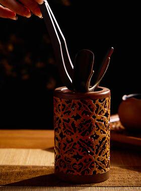 实核桃木茶道六君子装茶具配木笔件高档套圆形74757收纳筒茶勺针