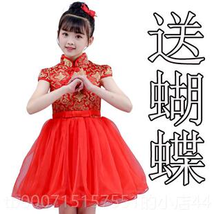 正品六一童古筝演出服女童公主小学生裙舞蹈红色儿中唱国风合表演