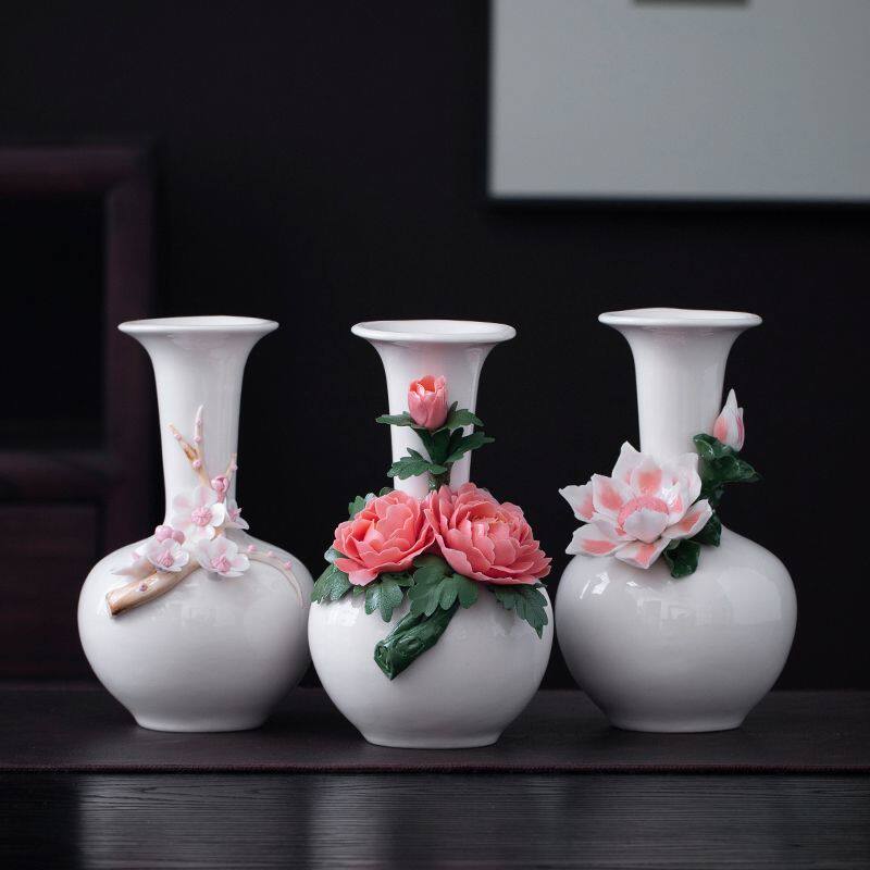陶瓷手工牡丹花瓶摆件客厅玄关酒柜插花小瓷瓶现代轻奢艺术装饰品