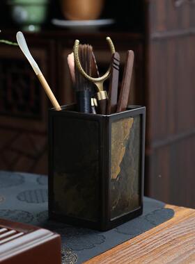 梅收妃胡竹桃色筒方形笔岩石面收52643纳桶六君子桌面纳筒办公室