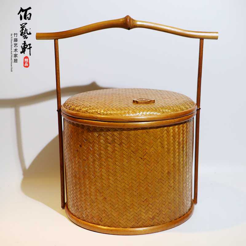 佰艺轩手工圆盒竹提篮传统复古收纳篮普洱茶提篮茶礼盒