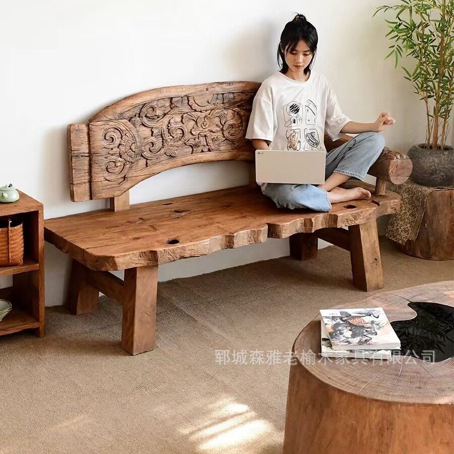老榆木罗汉床实木躺椅老门板雕花沙发椅禅意中式贵妃榻复古民宿