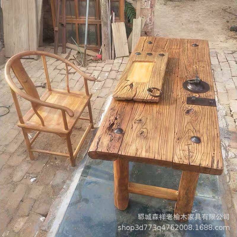 民宿社泡无品牌/桌榆茶楼餐厅茶木桌老榆木中式复古茶桌风茶化旧