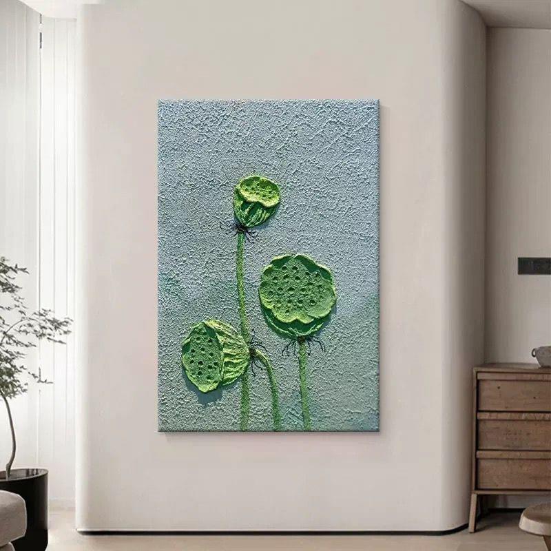 绘油绿蓬色莲客厅手背景装饰画石英砂画立体肌CPS理绿植玄关走廊