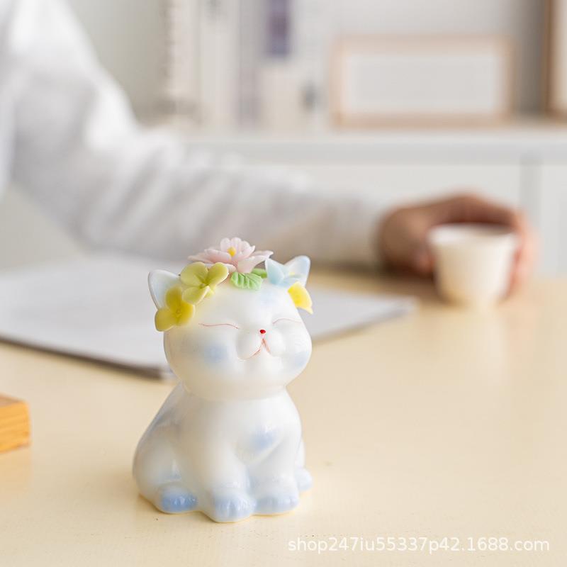 意个手工可面爱猫咪陶瓷桌摆件家居客厅玄创关性卡通花朵装BQZ饰