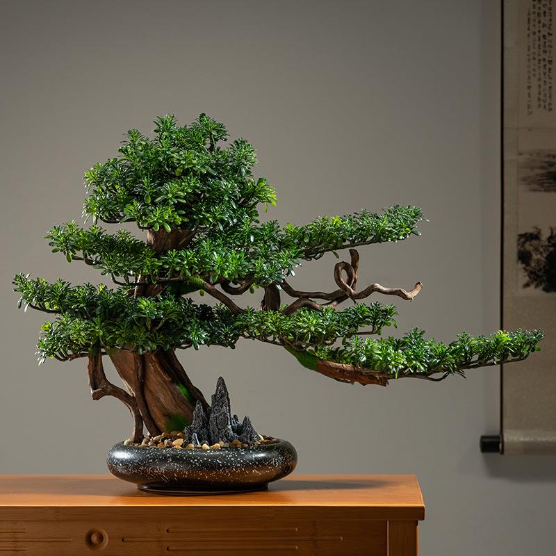仿真迎客仿真迎客松根假山石盆公景办别室摆件假绿植玄关酒店墅软