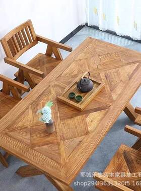 中人式老榆木拼花桌小户型多位组合餐老桌椅实FWZ木门茶板办公桌