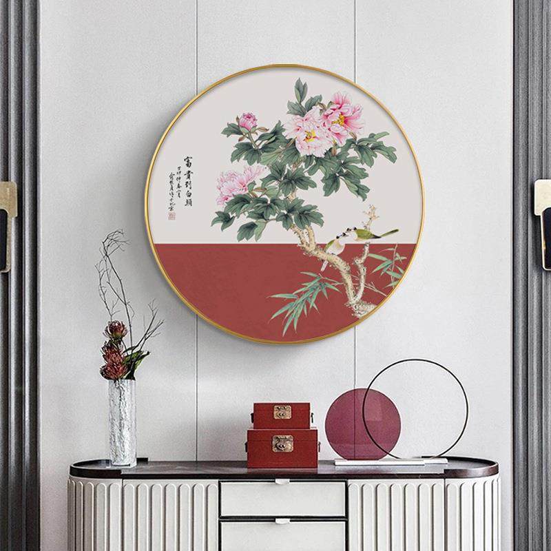 牡QZ202122园新中式玄装关样板国房饰画牡丹画中国红圆形花鸟丹客
