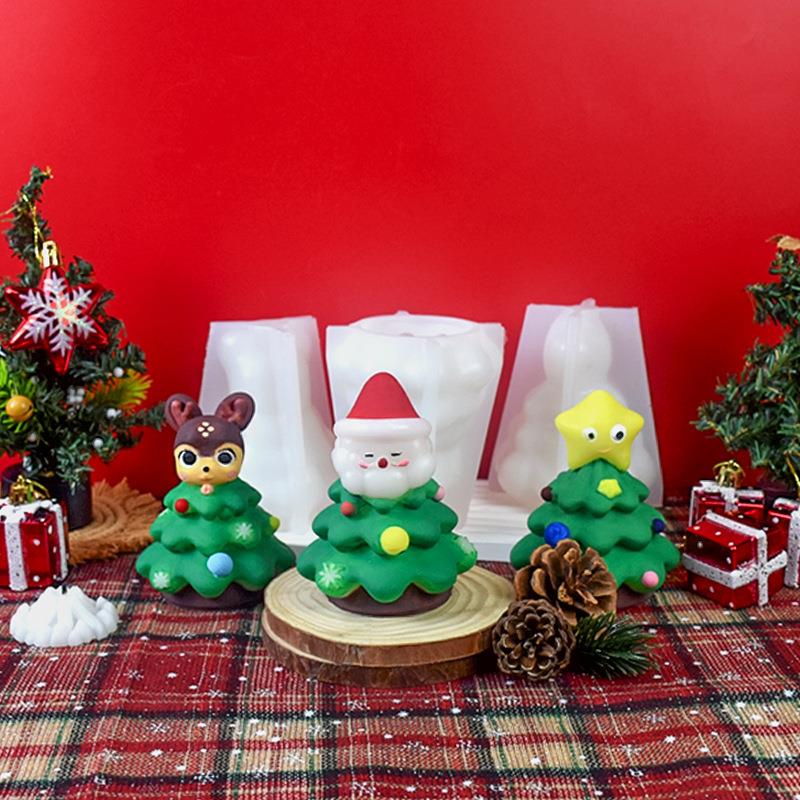 筹凯 三款圣诞树香熏蜡烛硅胶模具自制圣诞老人小鹿星星蜡烛磨具