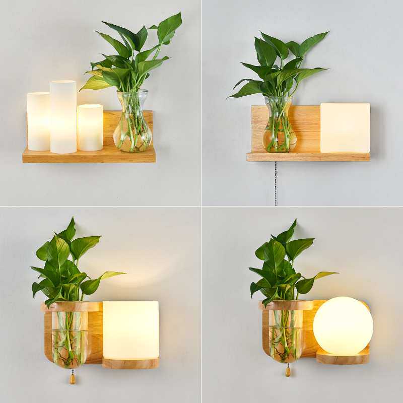 北欧简约绿植壁灯led木艺室内床头灯创意客厅墙灯走廊植物壁灯