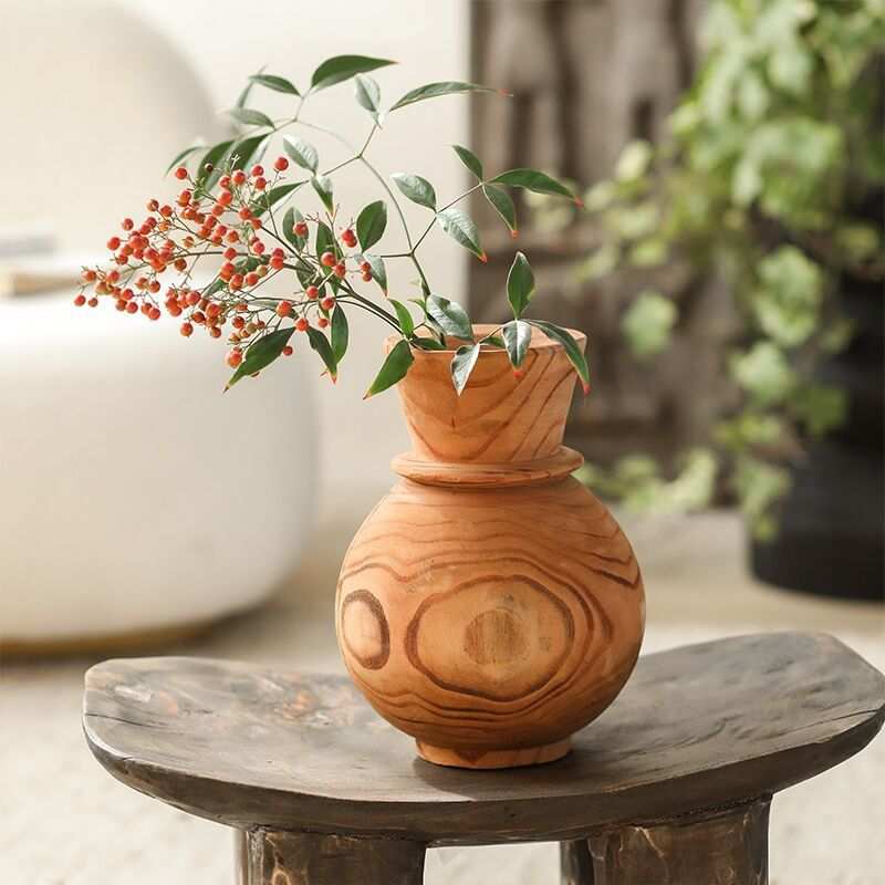 侘寂风原木干花花瓶 摆件实木插花花器装饰品客厅餐桌摆设